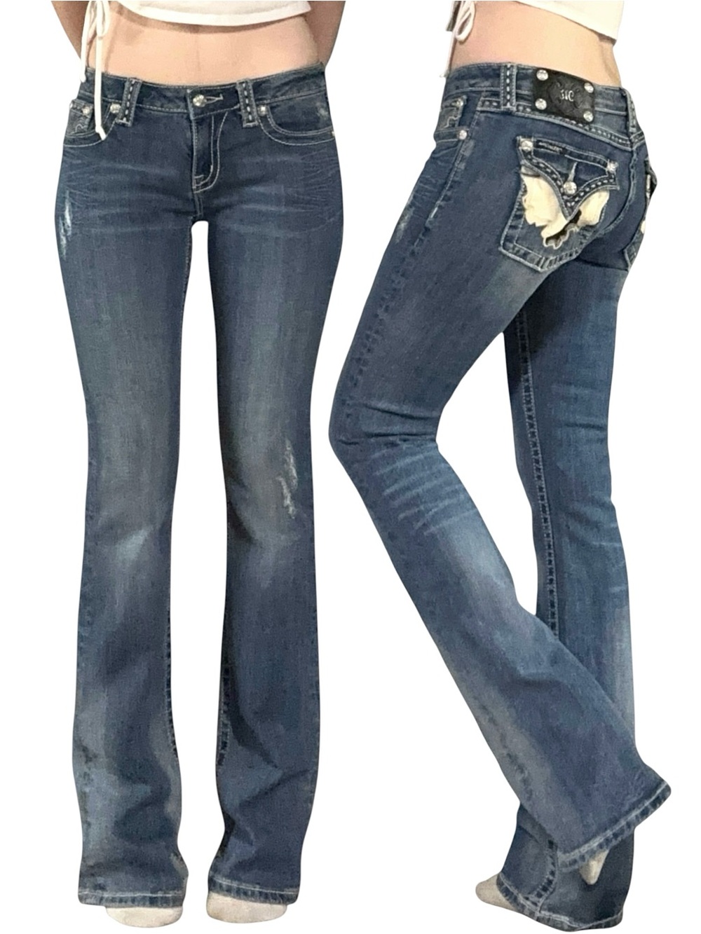 Miss Me | Y2K Cow Print Fur Flap Pocket Low Rise Bootcut Jeans